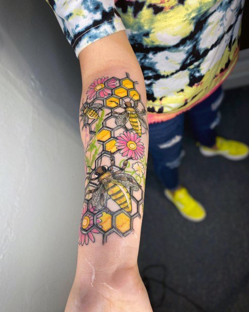 Buttery Yellow Bee Tattoo For Women Geometric Honeycombs