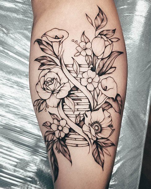 Calf Floral Black Grey Realistic Female Cool Dna Tattoo Ideas