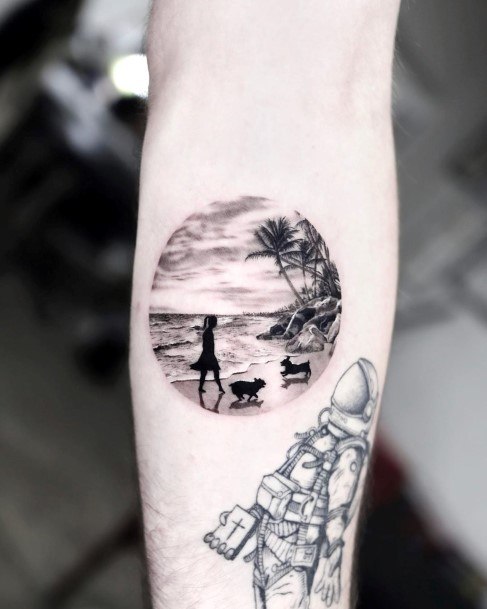 Calm Beachside Image And Spacesuit Tattoo Arms Women