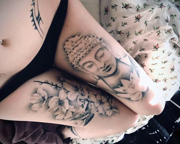 Calm Buddha Cherry Blossom Tattoo Womens Thighs Realistic