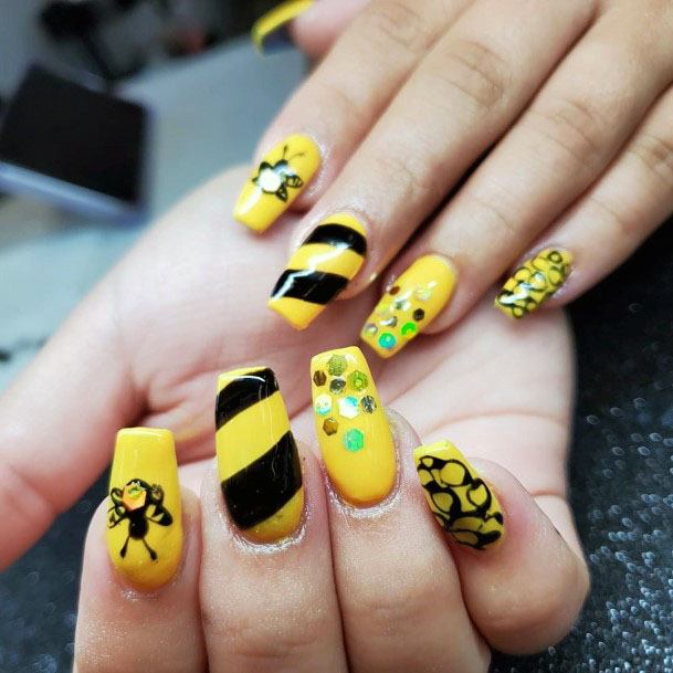 Canary Yellow And Black Bee Nails Women