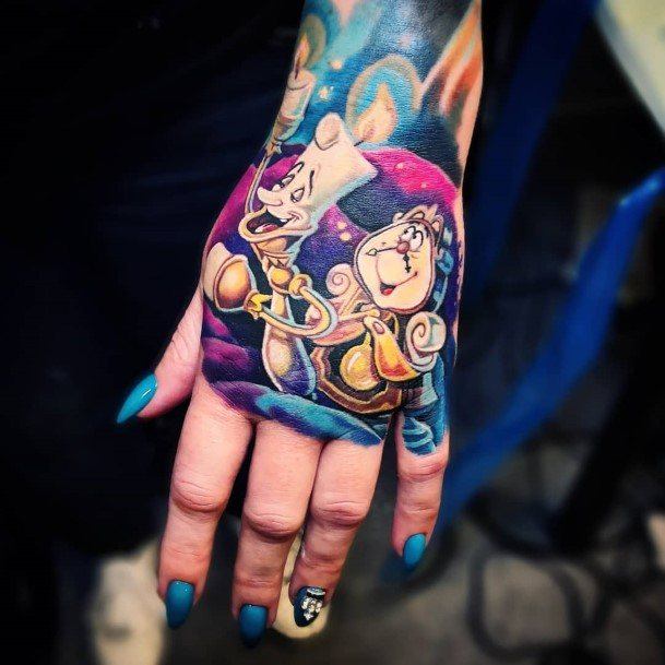 Candel Stick And Clock Color Hand Girl With Darling Beauty And The Beast Tattoo Design