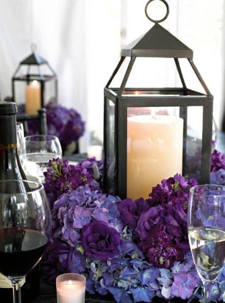 Candle Lantern Stand And Purple Wedding Flowers
