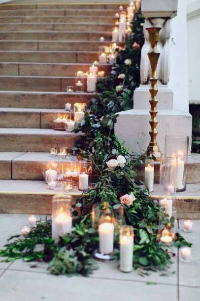 Candles And Green On Stairs Church Wedding Decor