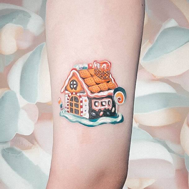 Candy Beautiful Gingerbread House Tattoo Design Ideas For Women