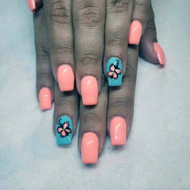 Candy Orange And Blue Nails Floral Art For Women