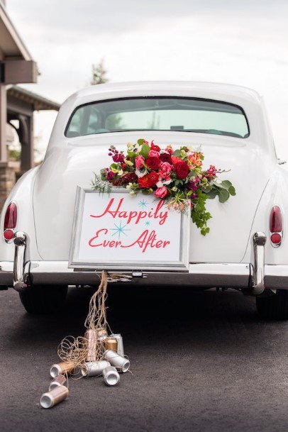 Cans And Florals Wedding Car Decoration