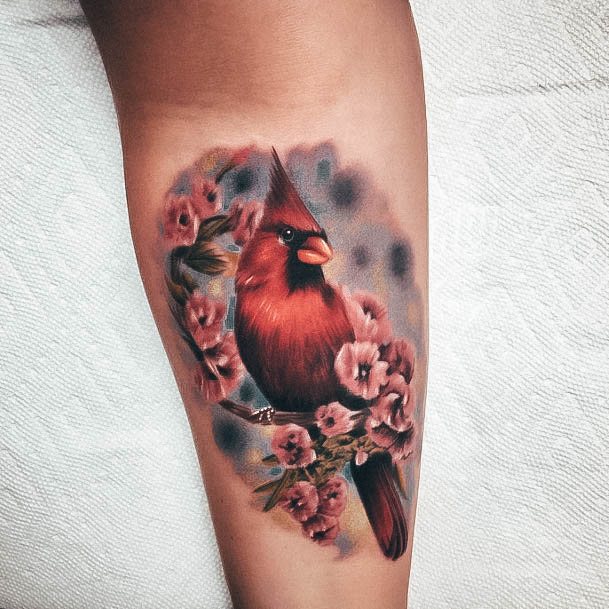 Lily Flower And Cardinal Tattoo On Left Back Shoulder