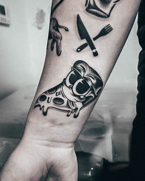 Cartoonish Wrist Cool Female Pizza Tattoo Designs