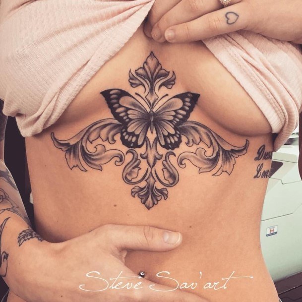 Carved Art And Butterfly Tattoo Womens Chest