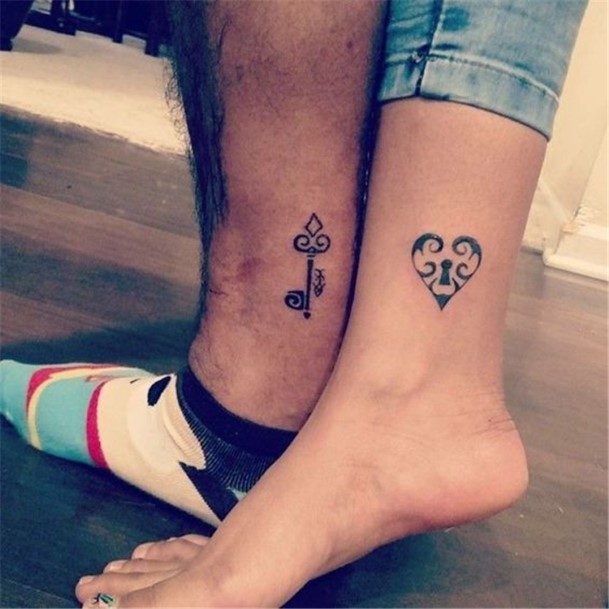 Carved Lock And Key Couple Tattoo Ankles