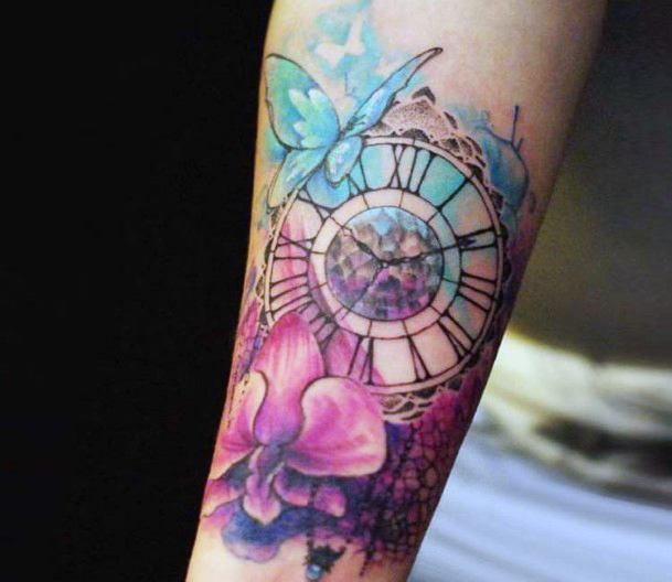 Casatta Shaded Clock And Flowers Tattoo For Women