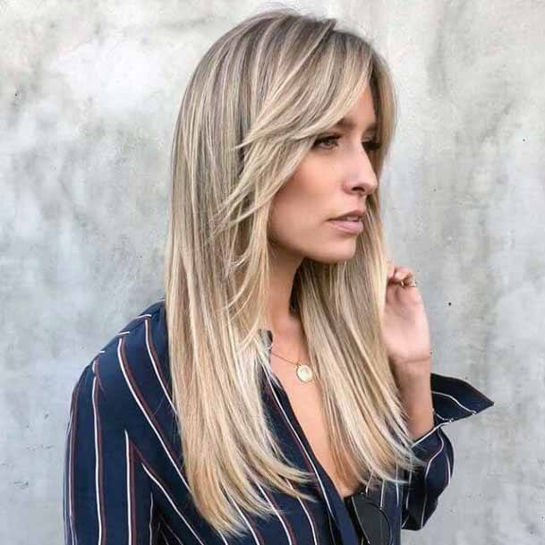 Cascading Blonde Hair With Layered Fringe Hairstyle For Women