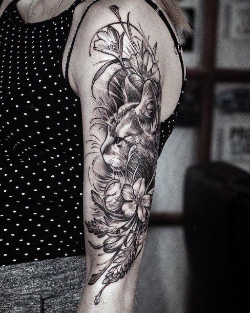 Cat And Foliage Tattoo Womens Hands