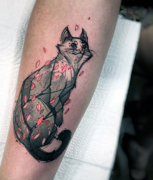 Cat And Pink Petals Tattoo For Women