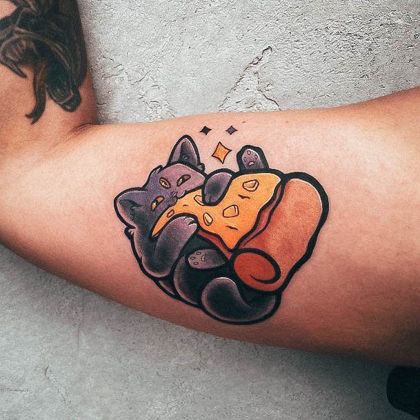 Cat Eating Bicep Stellar Body Art Tattoo For Girls Pizza