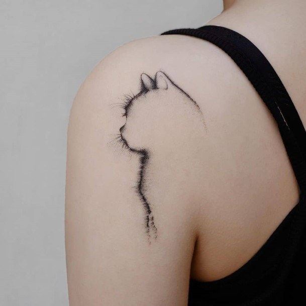 Cat Outlined Tattoo Womens Shoulder
