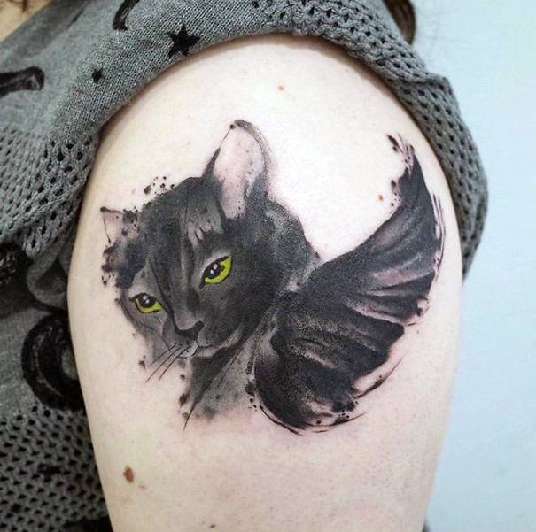 Cat With Black Wings Tattoo For Women Arms Art