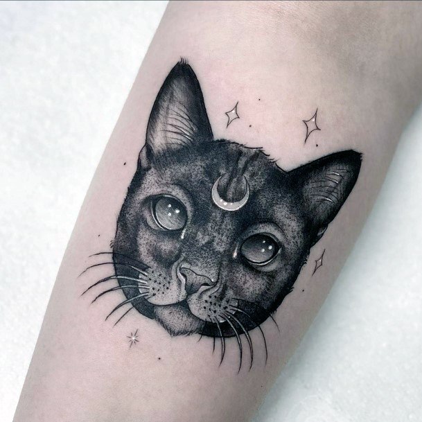 Cat With Forehead Adornment And Whiskers Tattoo For Women