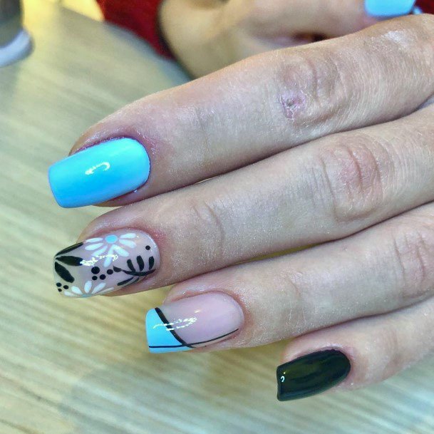 Cerulean Blue And Black Nails Women