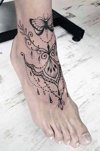 Chained And Beaded Foot Tattoo For Women