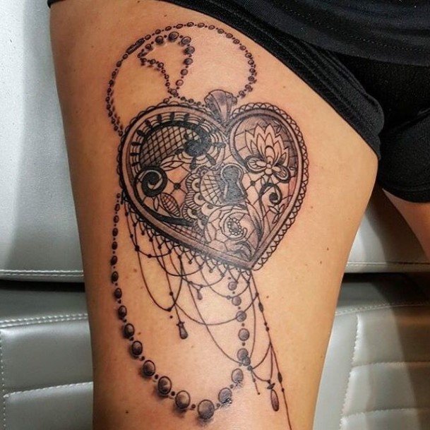 Chained And Decorated Heart Tattoo Womens Thighs