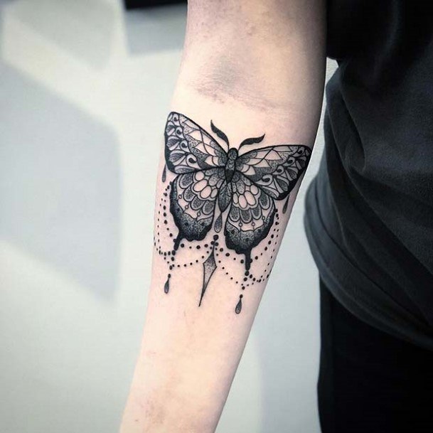 Chained Black Designed Butterfly Tattoo Womens Forearms