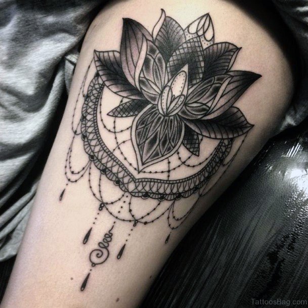 Chained Black Lotus Flower Tattoo Womens Thighs