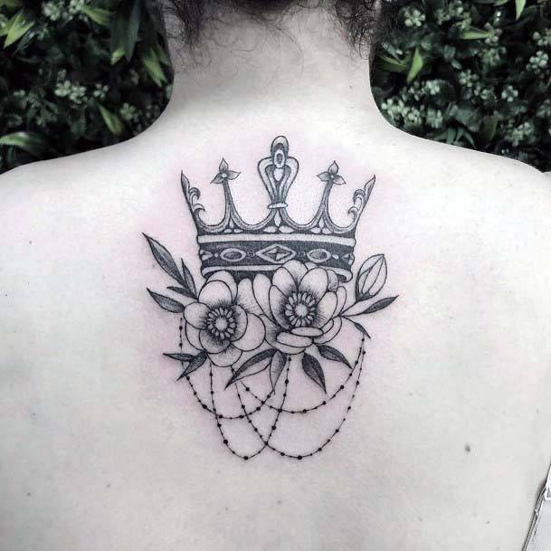 Chained Flowers And Crown Tattoo Womens Back