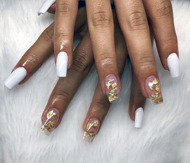 Chalk White And Golden Sparkled Transparent Nails For Women
