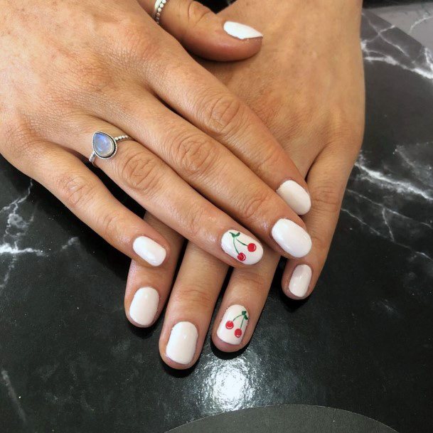 Chalky White Nails With Cherry Art Women