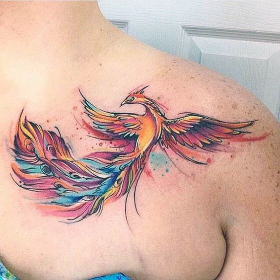 Chaotic Colored Phoenix Tattoo Womens Shoulders