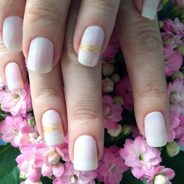 Charming Cream Polished Nails With Gold Ribbon Women