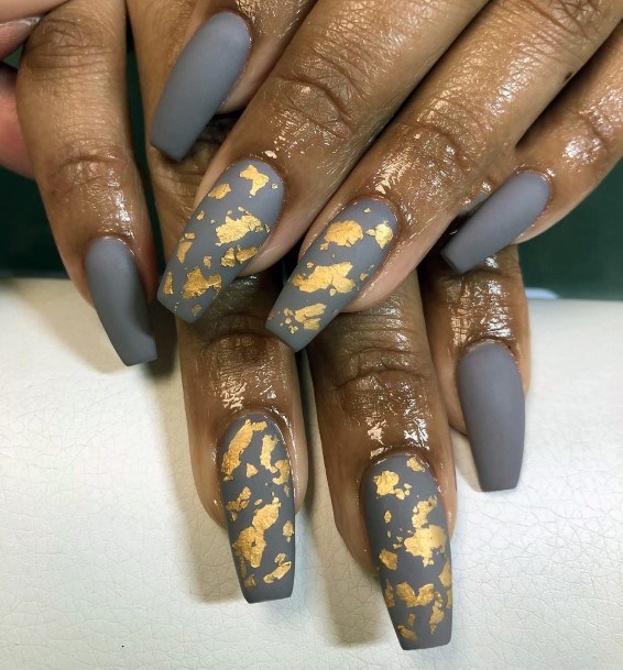 Charming Golden Foiled Nails For Women On Lucid Grey Polish