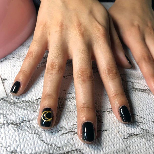 Charming Lovely Black Gel Gold Moon Nail Art Design For Girls