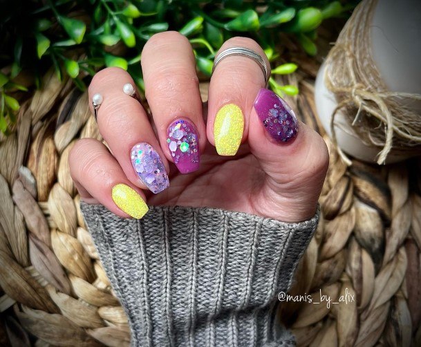 Charming Nails For Women Purple And Yellow