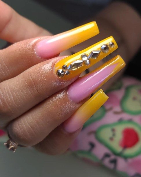 Charming Nails For Women Yellow With Diamonds