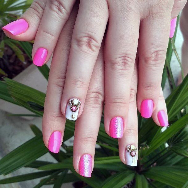 Charming Pink Nails With Rhinestone Women