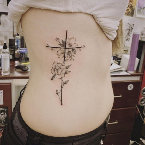 Charming Rose And Cross Tattoo On Torso Women