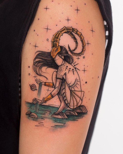 Charming Tattoos For Women Capricorn Sketeched Arm Watercolor