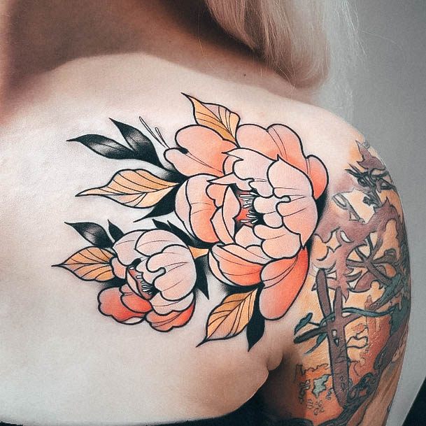 Charming Tattoos For Women Girly Orange Flower Back Shoulder