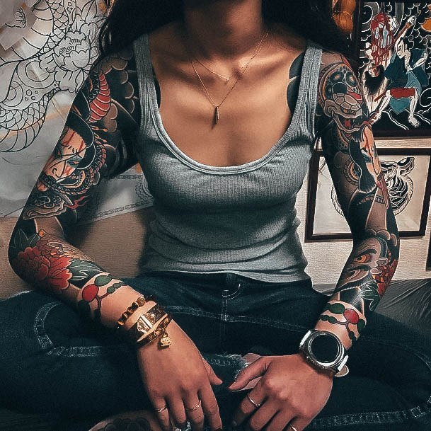 Charming Tattoos For Women Japanese On Both Arms