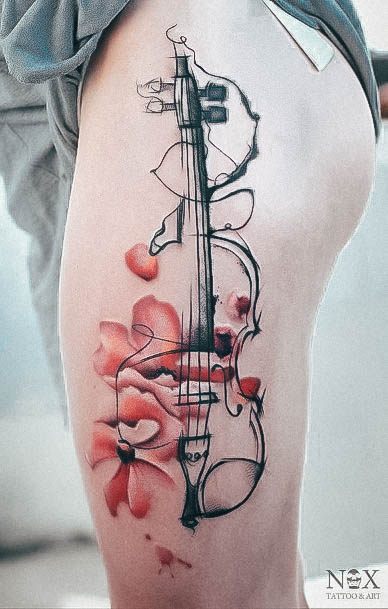 Charming Tattoos For Women Music Leg Watercolor Flowers