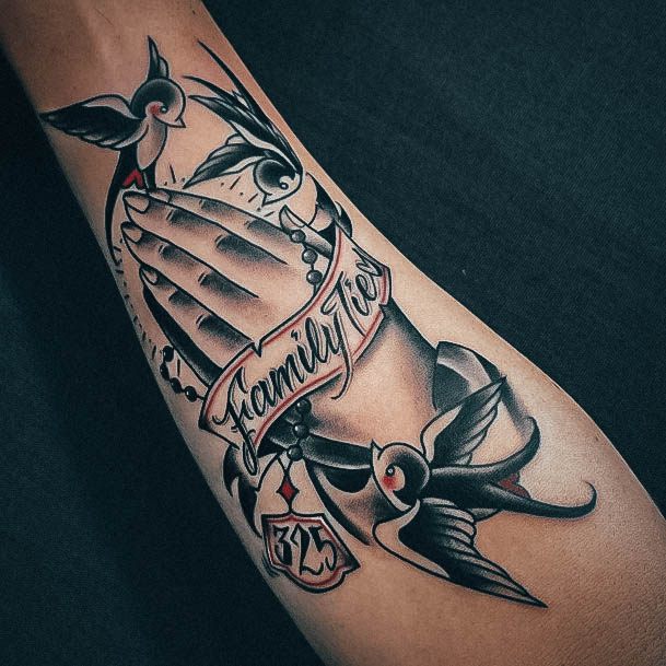 Charming Tattoos For Women Praying Hands Foot With Script Banner Family