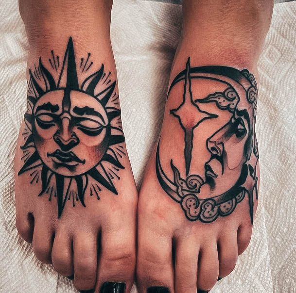 Charming Tattoos For Women Sun And Moon Feet