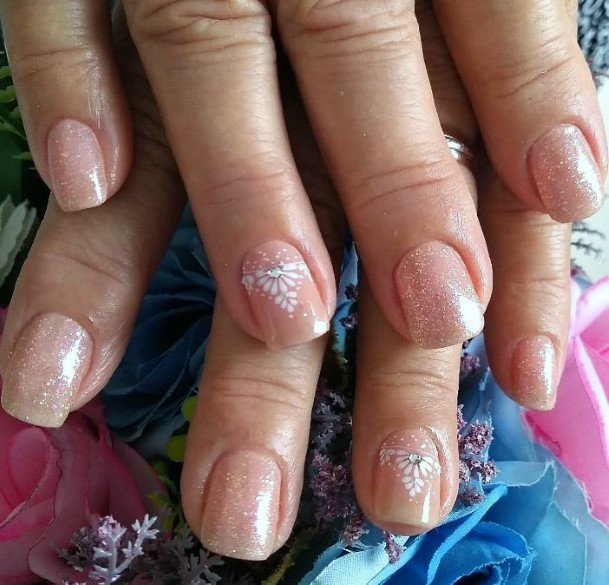 Charming White And Peach Sparkly Art On Nails