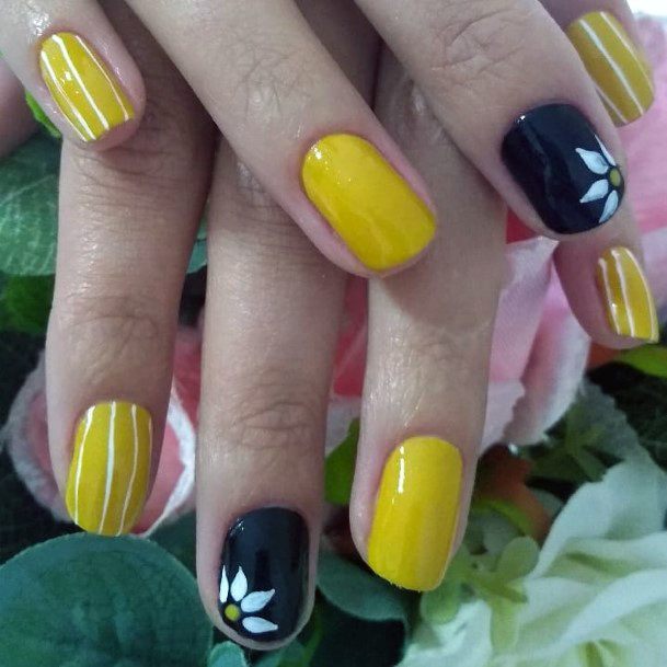 Charming Yellow And Black Nails Women