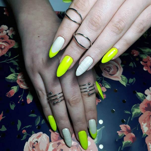 Checked White Neon Yellow Nails Women