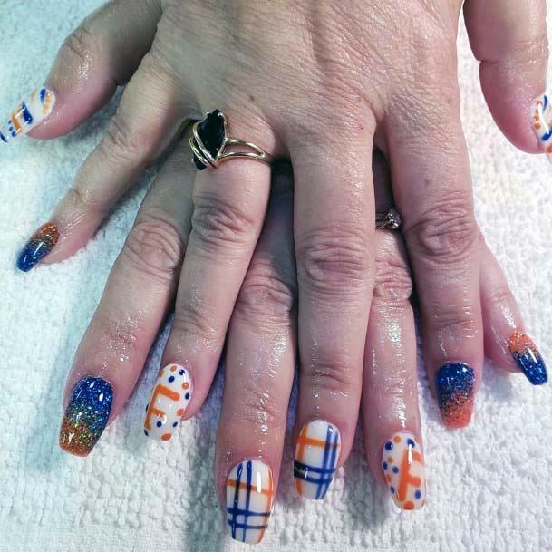 Checker Design Blue And Orange Nails Art For Women