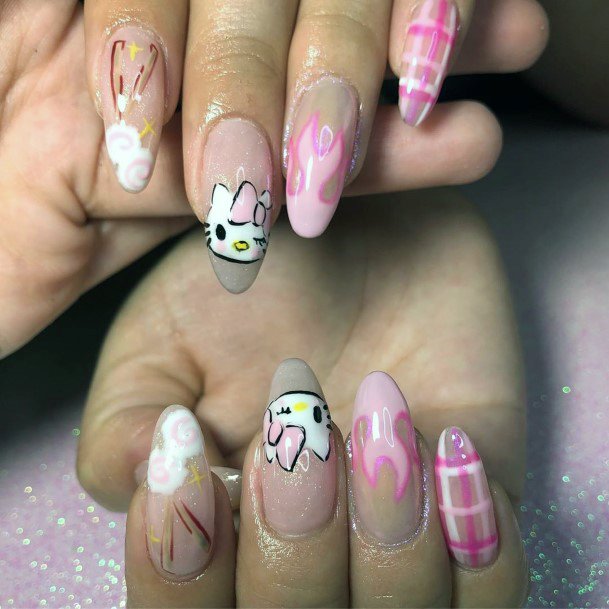 Checker Design Pink Hello Kitty Nails